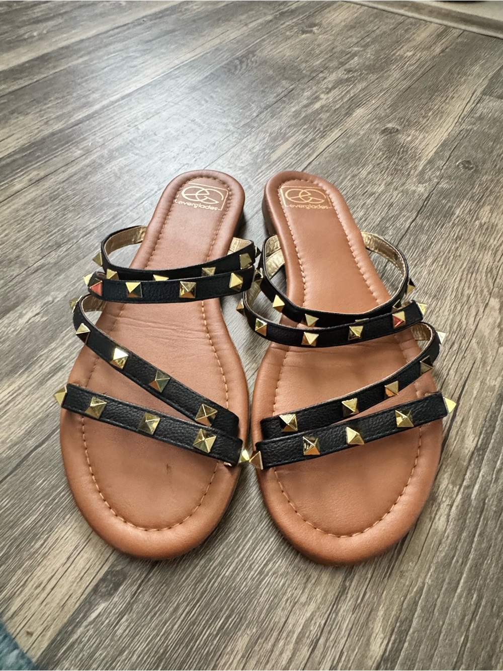 Women's Black Pyramid-Stud Multi-Strap Slide Sandals